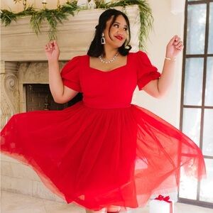 Ivy City Co Vibrant Red Midi Dress- Ballerina ~ tulle ~ NWT ~ puff sleeve